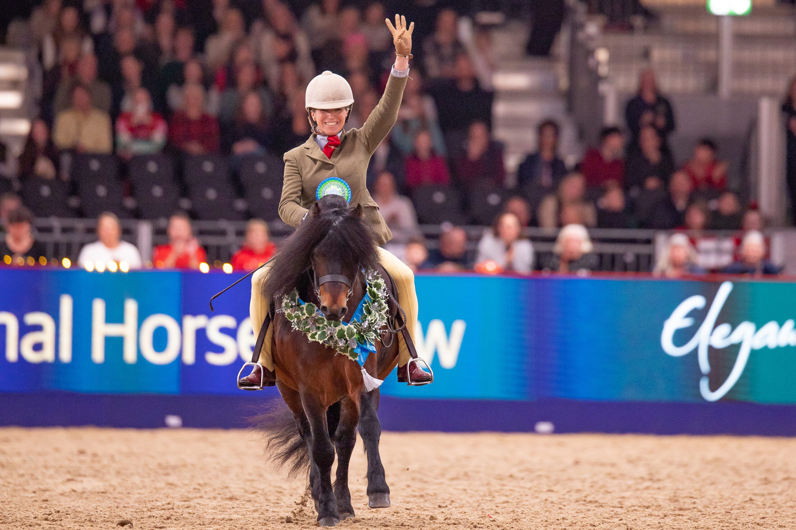 Producer Katy Marriott-Payne and Salcombe Starehole Bay win the BSPS Ridden Mountain and Moorland Championship at London International 2025.