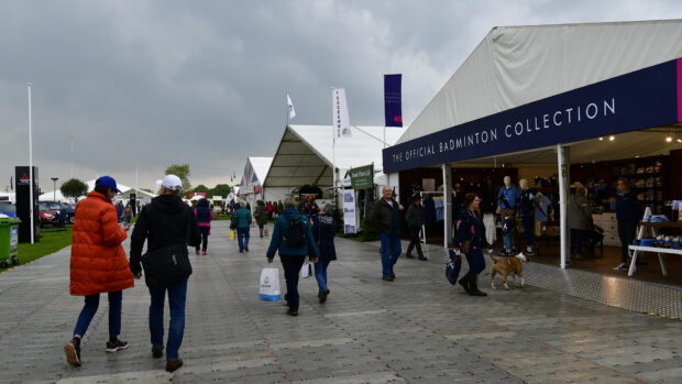 Shopping stands at Badminton Horse Trials, including the Official Badminton Merchandise stand
