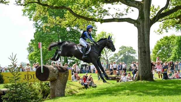 Tiana Coudray and Cancaras Girl jump a fence on the 2026 Badminton cross-country course.
