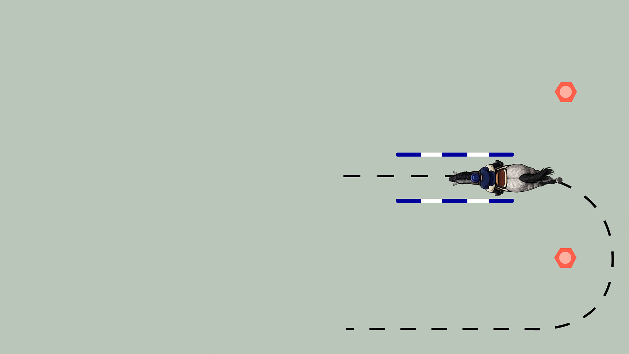 setup of polework exercise to improve centre line, showing two cones on the quarter lines and two poles either side of the centre line