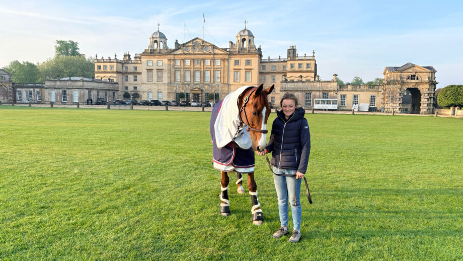 Georgie Driver, groom to Gemma Stevens, with Gemma’s ride Chilli Knight in front of Badminton House during the 2026 event.