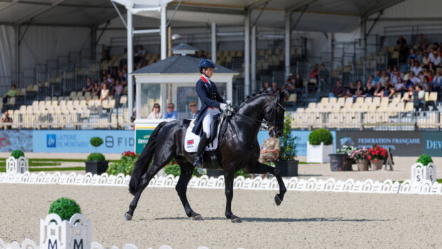 Lottie Fry riding Glamourdale in the grand prix at the Fontainebleau Nations Cup, in contention for the British dressage team at the 2026 World Championships