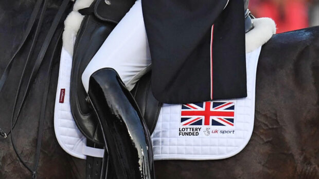 A British team saddlecloth featuring an embroidered Union Jack flag