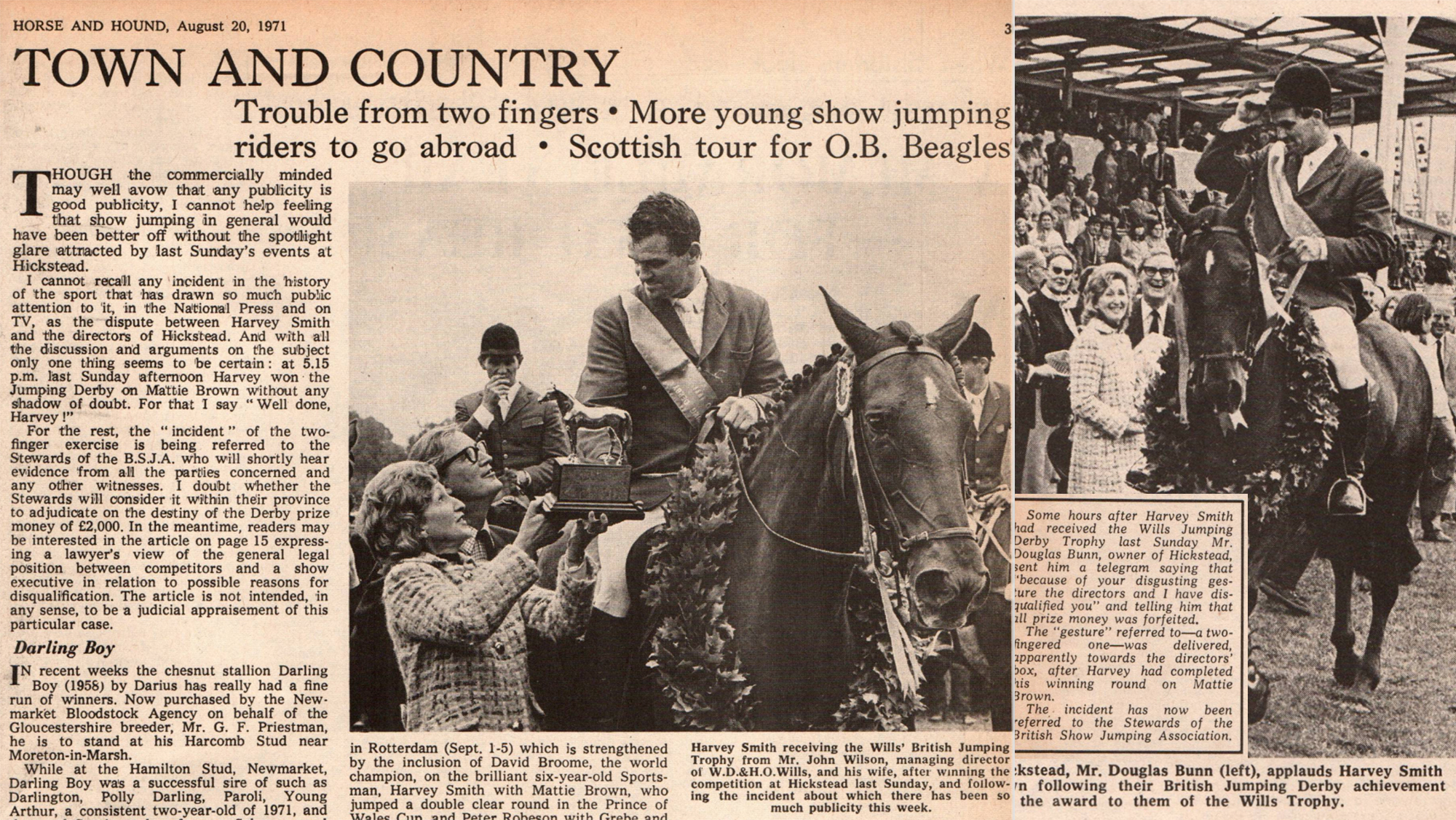 Collage of old newspaper clippings from Horse & Hound about Hickstead Derby 1971