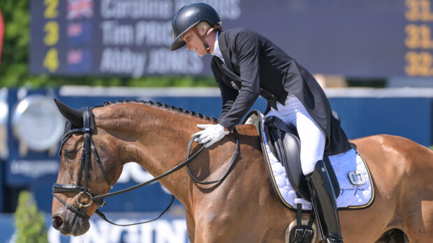 Pictured Emily King and Valmy Biats, leaders of the CCI5* after at Luhmühlen Horse Trials dressage phase.