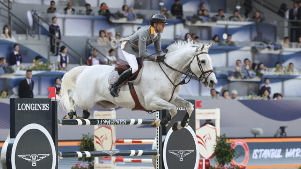Simon Delestre jumping grey Gatsby in a GCT competition