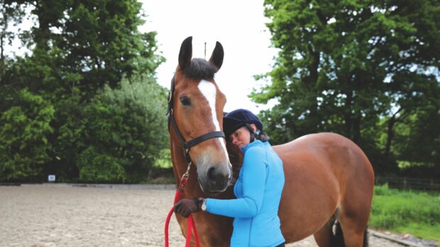A girl holding and half hugging a bay horse