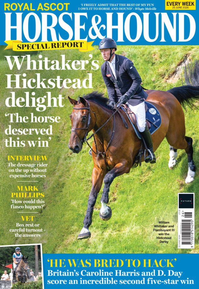 cover og horse and hound magazine featuring flamboyant III leaping off the hickstead bank