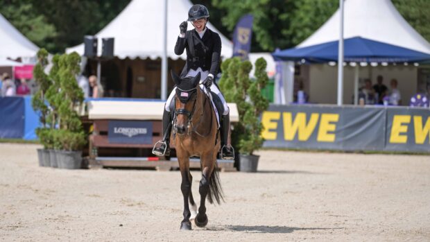 Pictured US rider Hallie Coon and Kapriccio after taking the lead in the CCI5* Luhmühlen Horse Trials dressage.