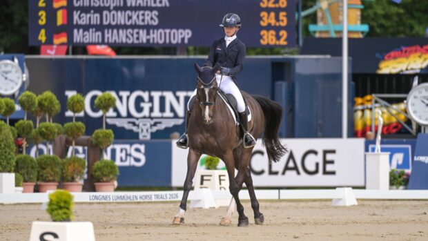 Pictured German Olympic rider Julia Krajewski and Tullabeg Platinum in the Luhmühlen Horse Trials dressage.