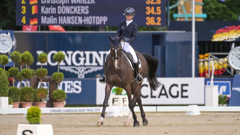 Pictured German Olympic rider Julia Krajewski and Tullabeg Platinum in the Luhmühlen Horse Trials dressage.