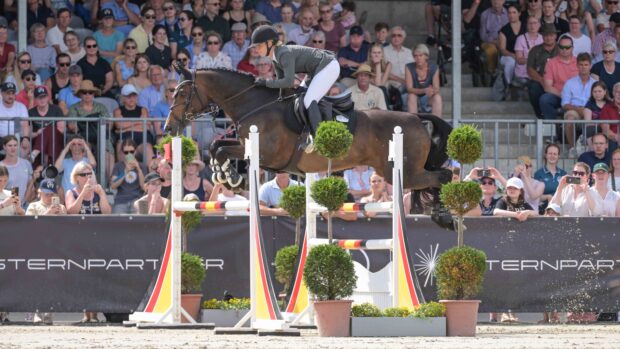 Germany's Julia Krajewski and Uelzener's Nickel topped the Luhmühlen Horse Trials CCI4*-S results. Here they are pictured in the showjumping phase.