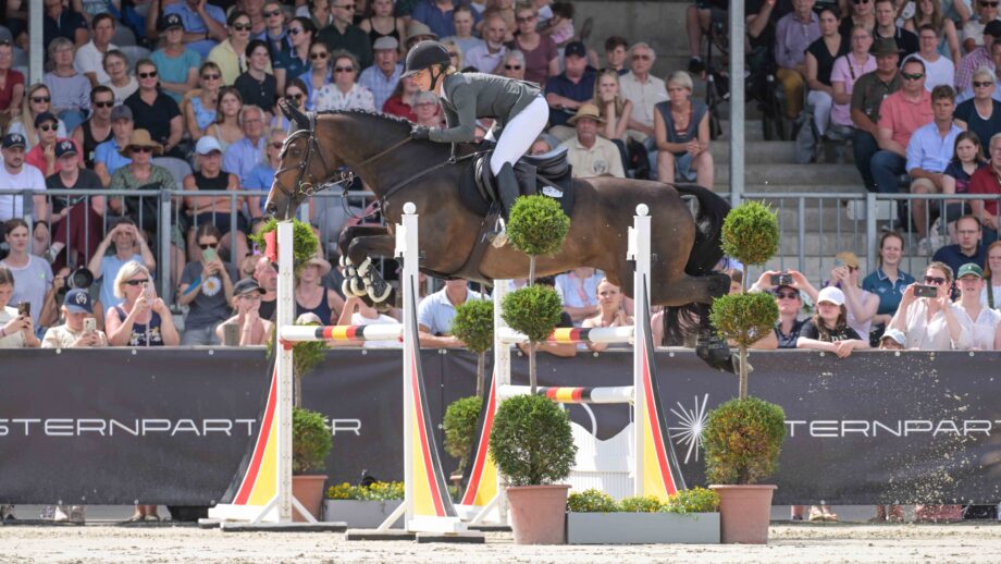 Germany's Julia Krajewski and Uelzener's Nickel topped the Luhmühlen Horse Trials CCI4*-S results. Here they are pictured in the showjumping phase.