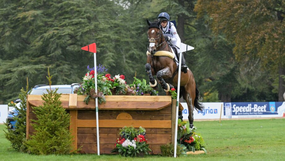 British pair Laura Collett and London 52 jump a cross-country fence at the 2025 European Championships.