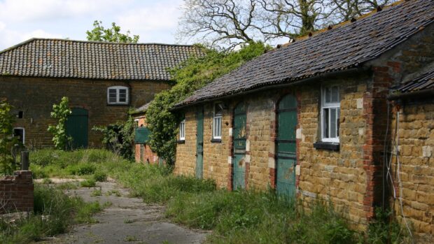 A dilapidated equestrian property, showing overgrown yard and disused stables