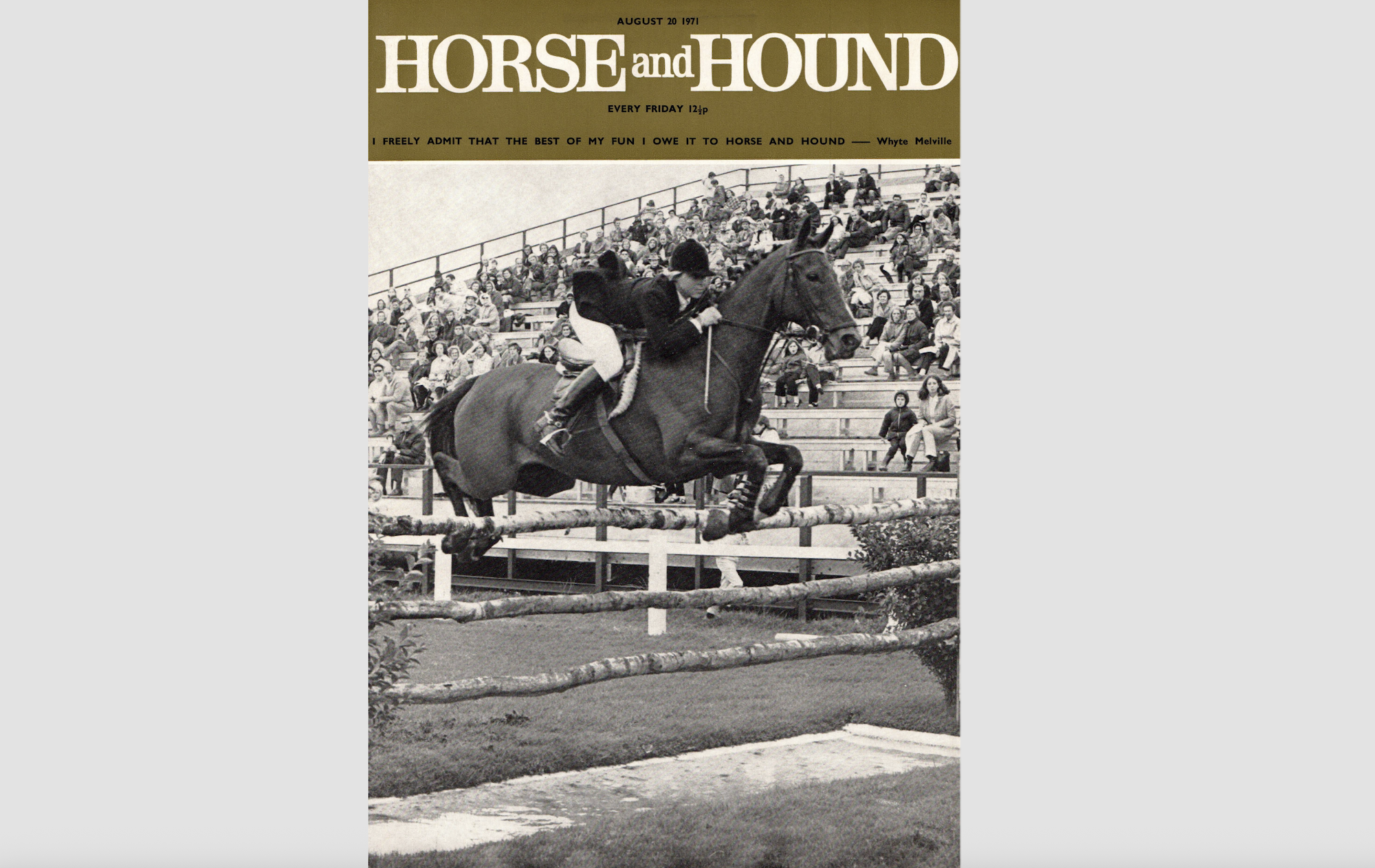 The cover of Horse & Hound showing Ann Moore and Psalm the year of Harvey Smith's v sign.