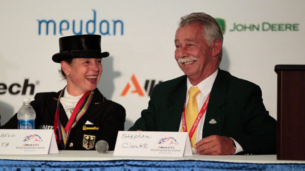 Stephen Clarke laughing with Isabell Werth in a press conference