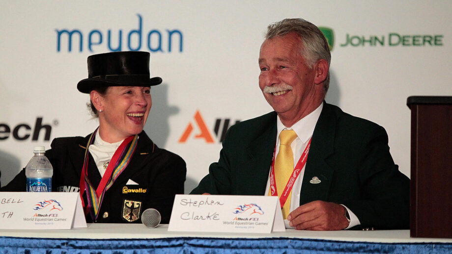 Stephen Clarke laughing with Isabell Werth in a press conference