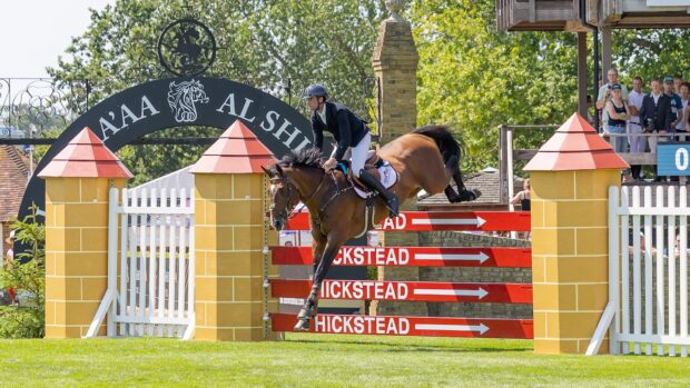 David Simpson and Pjotr van de Kruishoeve land over the Hickstead planks in the Derby trial