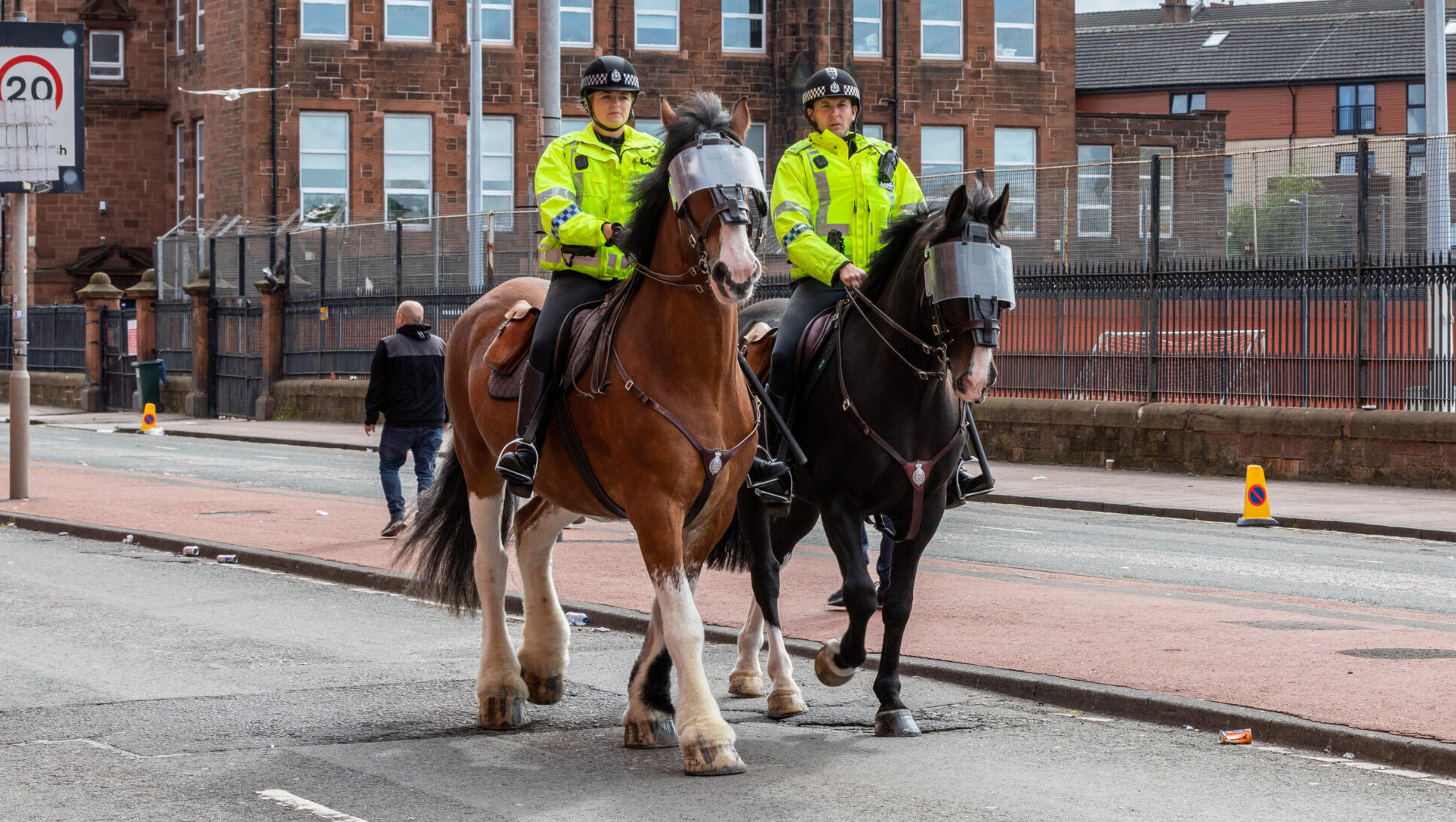 Two mounted police horses wearing visors