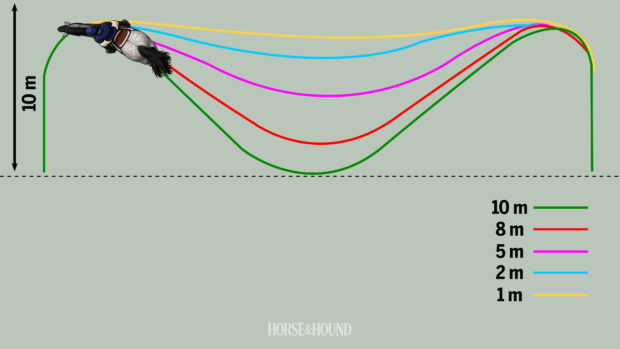 Diagram showing horse training exercise with coloured loops for improving horse straightness in canter.