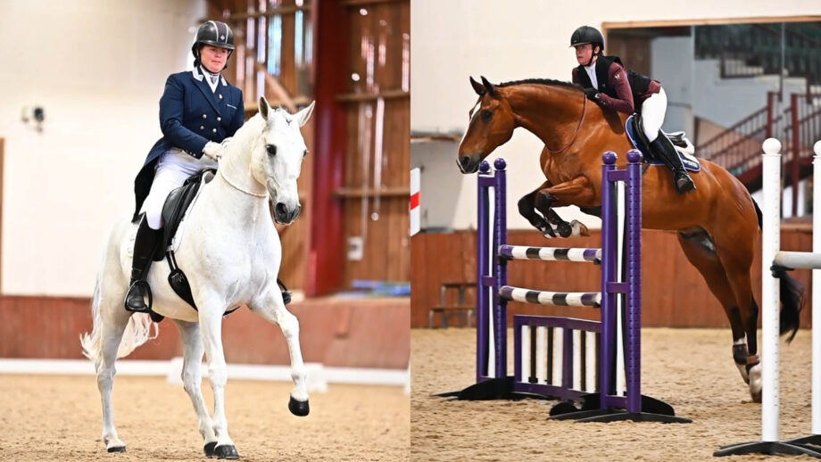 Two pictures showing horses competing in dressage and showjumping bridleless