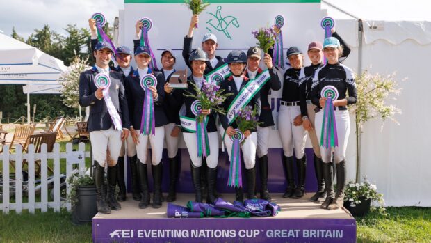 Team Great Britain take the win for the FEI Eventing Nations Cup™ | GREAT BRITAIN CCIO4*-S. GOLD: TEAM GREAT BRITAIN: Kirsty Chabert and Classic VI; Tom Rowland and LB Mettaphor; Laura Collett and Hester; Tom McEwen and Shannondale Arnold. SILVER: TEAM USA: Tommy Greengard and That’s Me Z; Quidley Kellermann and Blakeneys Cruise; Cassie Sanger and Fernhill Zorro; Alexandra Knowles and Montpellier Scais. BRONZE: TEAM NEW ZEALAND: Vicky Browne-Cole and Cutting Edge; Abby Jones and Henton Audacious; Ginny Thomasen and Katchafire; Tayla Mason and E.G. Tiger Chilli. 2026 Bicton International Horse Trials. Bicton Arena, East Budleigh, Devon, England. Sunday 31 May 2026. Copyright Photo: FEI / Libby Law Photography