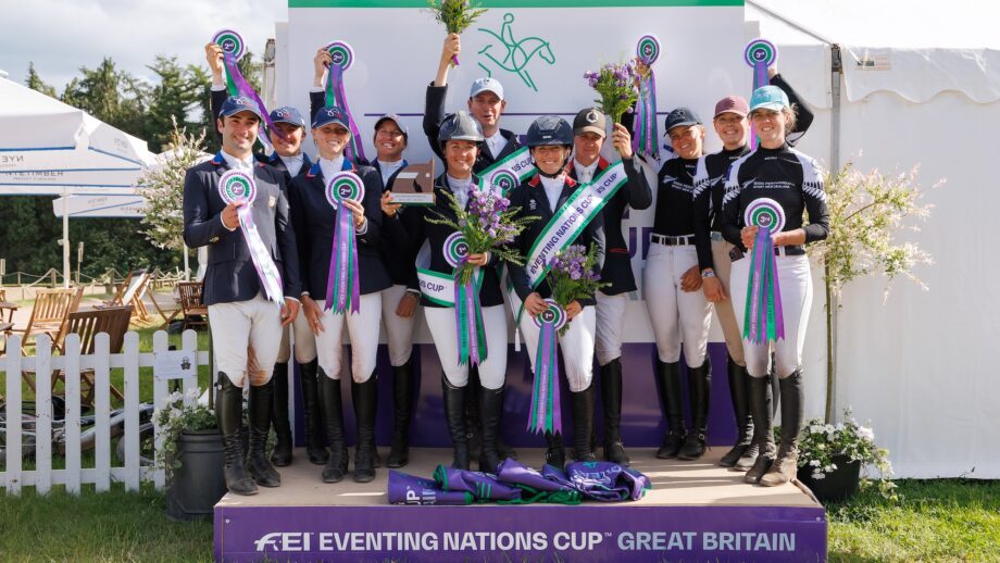 Team Great Britain take the win for the FEI Eventing Nations Cup™ | GREAT BRITAIN CCIO4*-S. GOLD: TEAM GREAT BRITAIN: Kirsty Chabert and Classic VI; Tom Rowland and LB Mettaphor; Laura Collett and Hester; Tom McEwen and Shannondale Arnold. SILVER: TEAM USA: Tommy Greengard and That’s Me Z; Quidley Kellermann and Blakeneys Cruise; Cassie Sanger and Fernhill Zorro; Alexandra Knowles and Montpellier Scais. BRONZE: TEAM NEW ZEALAND: Vicky Browne-Cole and Cutting Edge; Abby Jones and Henton Audacious; Ginny Thomasen and Katchafire; Tayla Mason and E.G. Tiger Chilli. 2026 Bicton International Horse Trials. Bicton Arena, East Budleigh, Devon, England. Sunday 31 May 2026. Copyright Photo: FEI / Libby Law Photography