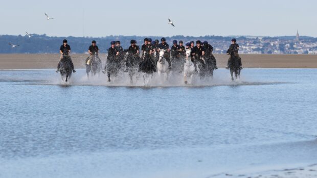 Pictured: Soldiers and horses from the Household Cavalry Mounted Regiment at Hayling Island beach on Friday 3 July 2026. The Household Cavalry Mounted Regiment swap the streets of London for the shores of Hampshire. As part of their three-week Summer Camp, The Life Guards and Blues and Royals deployed their Military Working Horses to Hayling Island Beach for a day of equine training with a difference. After welcoming four world leaders to Windsor, protecting The King at the State Opening of Parliament, and a spectacular King's Birthday Parade, a day in the sea felt very well-deserved. These horses face the noise and chaos of London every single day — sirens, crowds, and all the unexpected delights of city life, so building their confidence through exposure to new environments is essential. The beach — with its shifting sands, crashing waves, screeching gulls, and overexcited children — is the perfect testing ground. For the youngest horses, it was their very first encounter with the sea. Watching