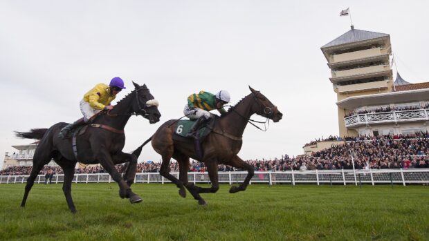 AP McCoy celebrates his 4,000th victory as he crosses the winning line on Mountain Tunes just beating Kris Spin in the 5th race during racing at Towcester racecourse on November 7th 2013 in Northamptonshire (Photo by Tom Jenkins)