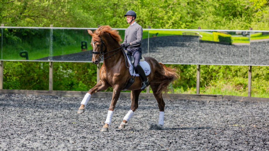 A man riding a chestnut dressage horse doing a flying change across middle of the arena