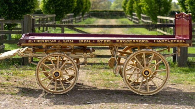 A flat horse-drawn trailer