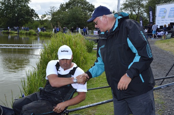Drennan Team England supremo Mark Downes (right) was first to congratulate Will Raison last weekend, as Will and Des Shipp won the international event at Fish'O'Mania.