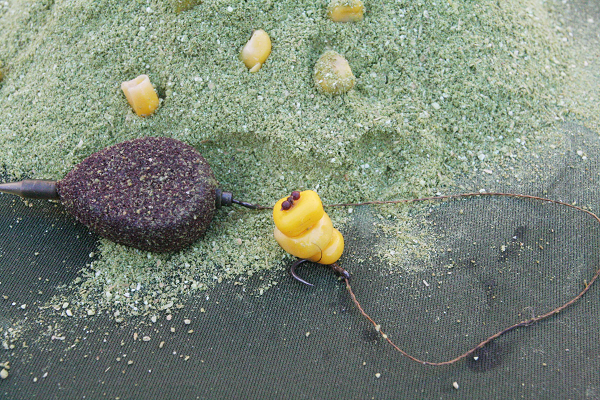 A simple corn wafter (two natural plus one imitation buoyant pieces of corn) fished semi-fixed lead style over groundbait is as good as anything.