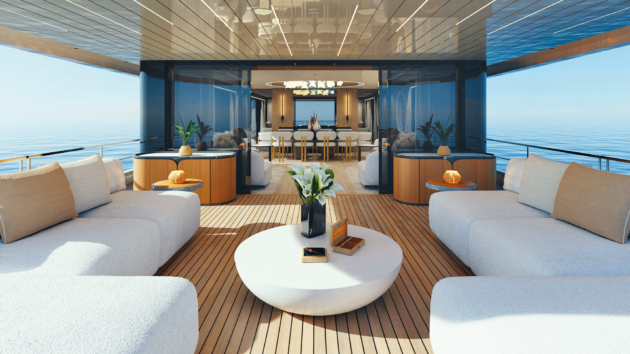 The long aft cockpit flows seamlessly into the indoor saloon and dining area