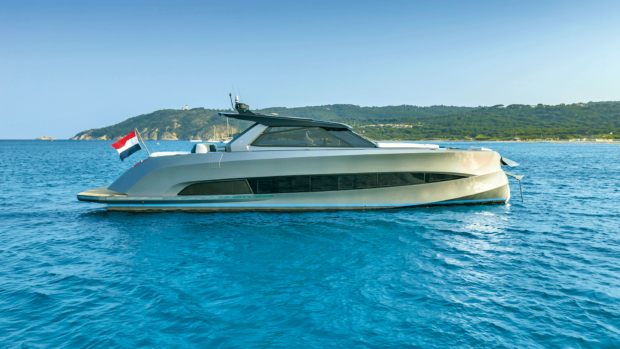 Steeler Bronson 65 in the water with sun shining on it