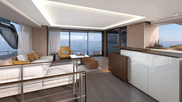 Aft of the big port galley, the saloon is yours to configure