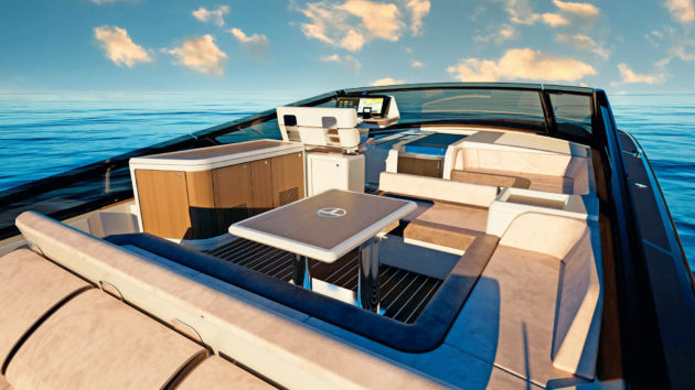 Dual cockpit has a sheltered seating area next to the helm