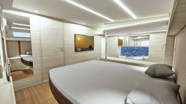 The owner’s cabin spans the space between the hulls