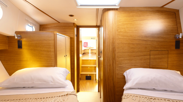 The forward V berth is not huge but it is beautifully built