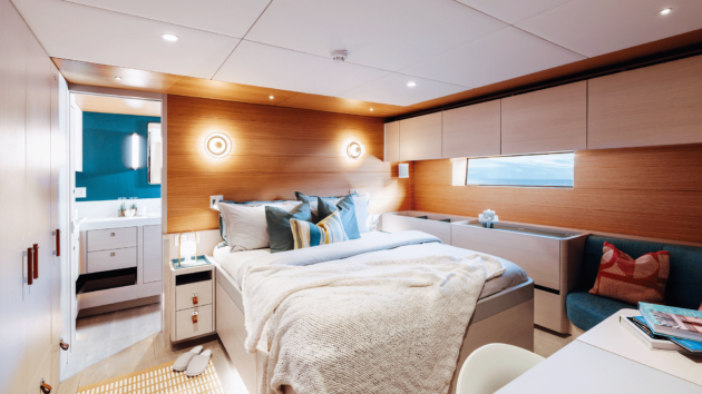 The owner’s cabin prioritises comfort over luxury. It can be extended across the full beam if required