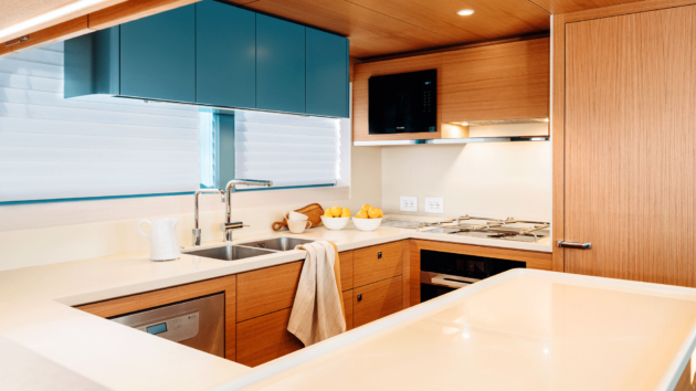 Large, commercial-spec galley is designed to be used underway rather than only at anchor