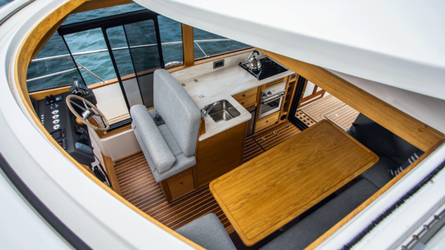 Aerial view through a hatch of the helm and saloon