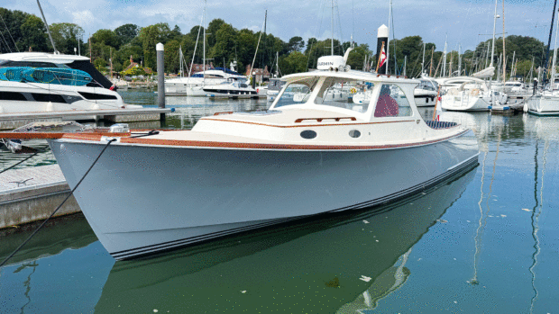 The Hinckley Picnic Boat in the water