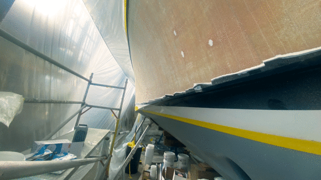 The topside gelcoat was ground back to the fibreglass matting