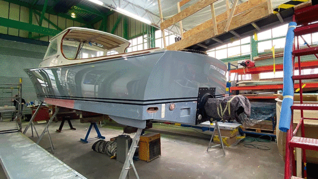 The entire transom had to be rebuilt with a specially shaped recess to accept the new drive