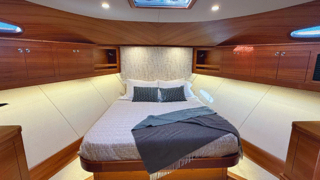 The owner’s suite is in the bow on this three-cabin version