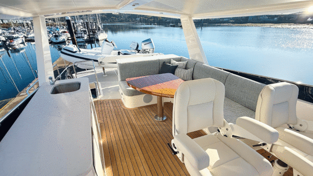The long flybridge has plenty of room for guests and the tender