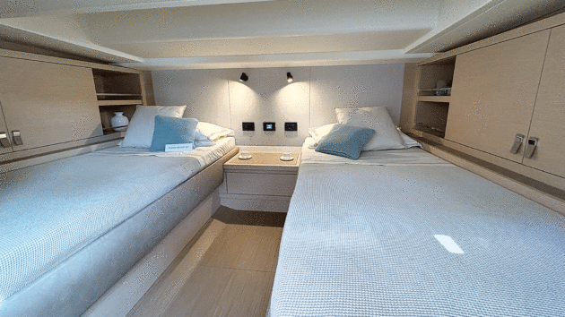 There are two permanent beds beneath the cockpit sole