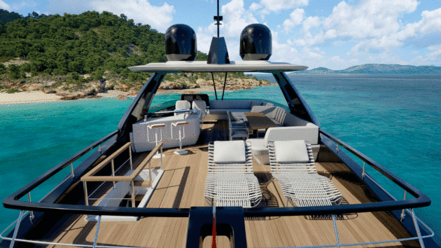 Expansive flybridge has a clever swivel, slide and stack louvred sunroof in the hard top